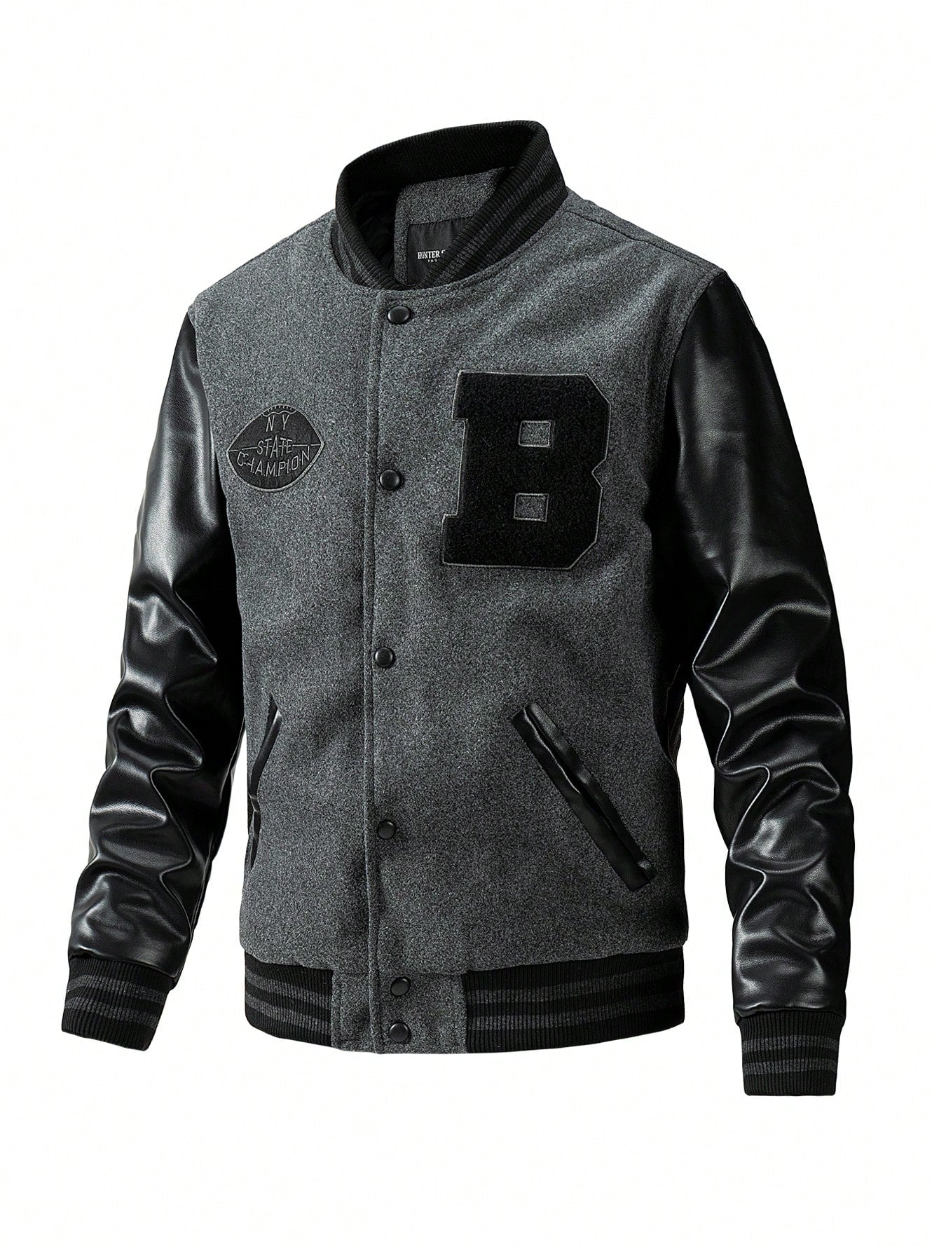 Men Letter Patched Striped Trim PU Leather Sleeve Jacket