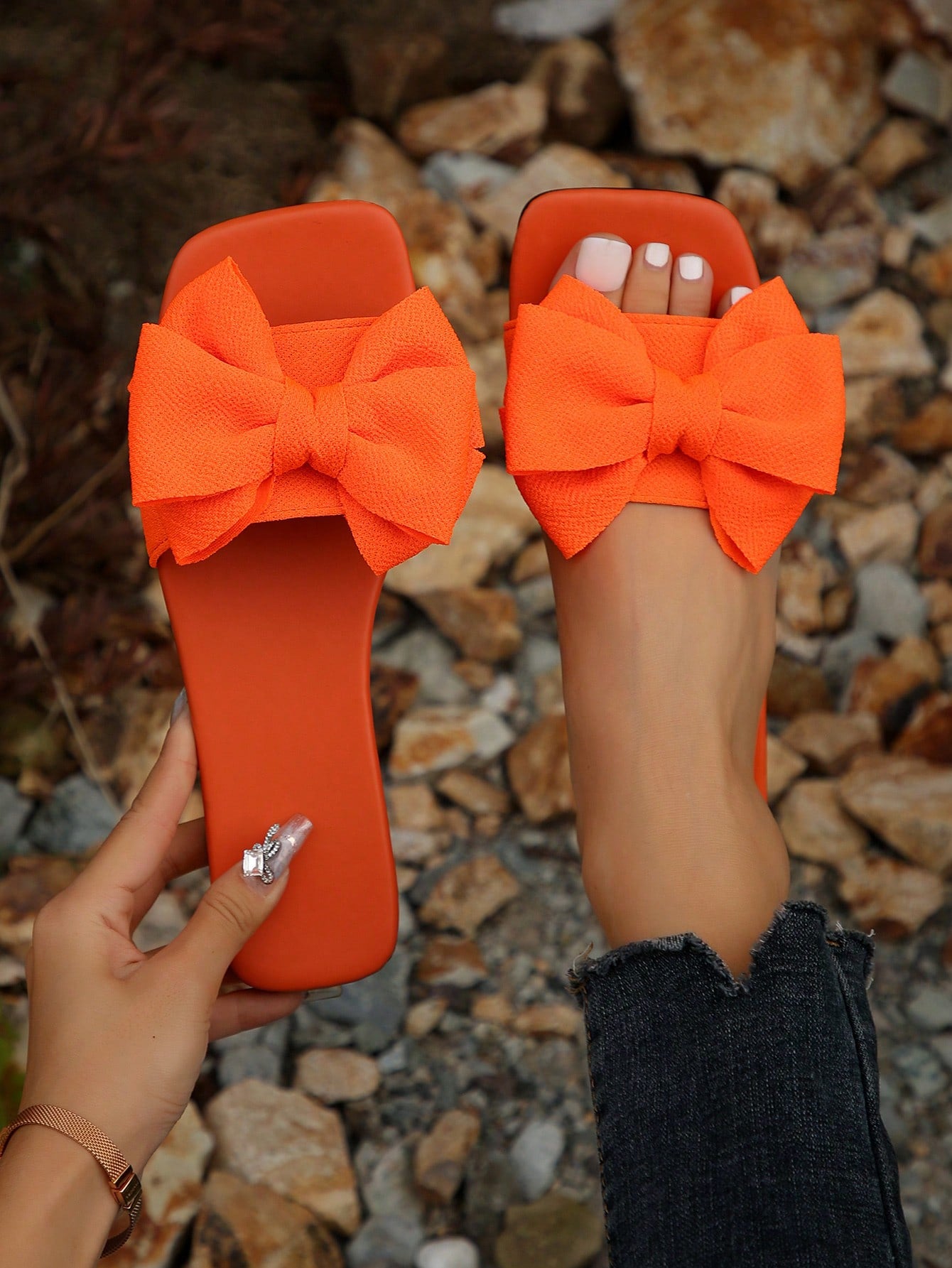 Bow Knot Slippers Women's Fashionable Slip-Resistant Beach Shoes, Open-Toed Slides For Outdoor Activities