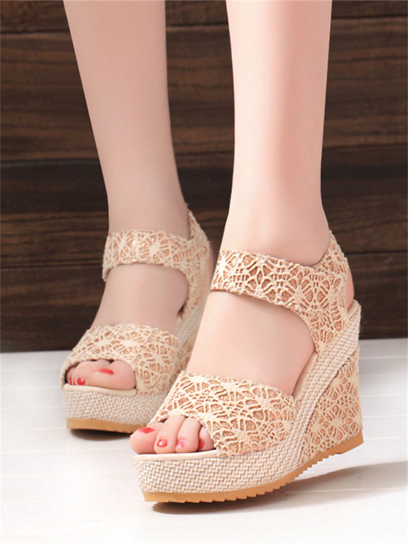 New Arrival Fashion Elegant Wedge Thick Sole Comfortable Ladies Sandals, Hook-And-Loop Platform Thick Bottom Shoes, Breathable Lace Hollow Wedge Ladies Sandals, Summer Peep-Toe Super High Heel Peep-Toe Ladies Sandals, Waterproof Platform All-Match Party M