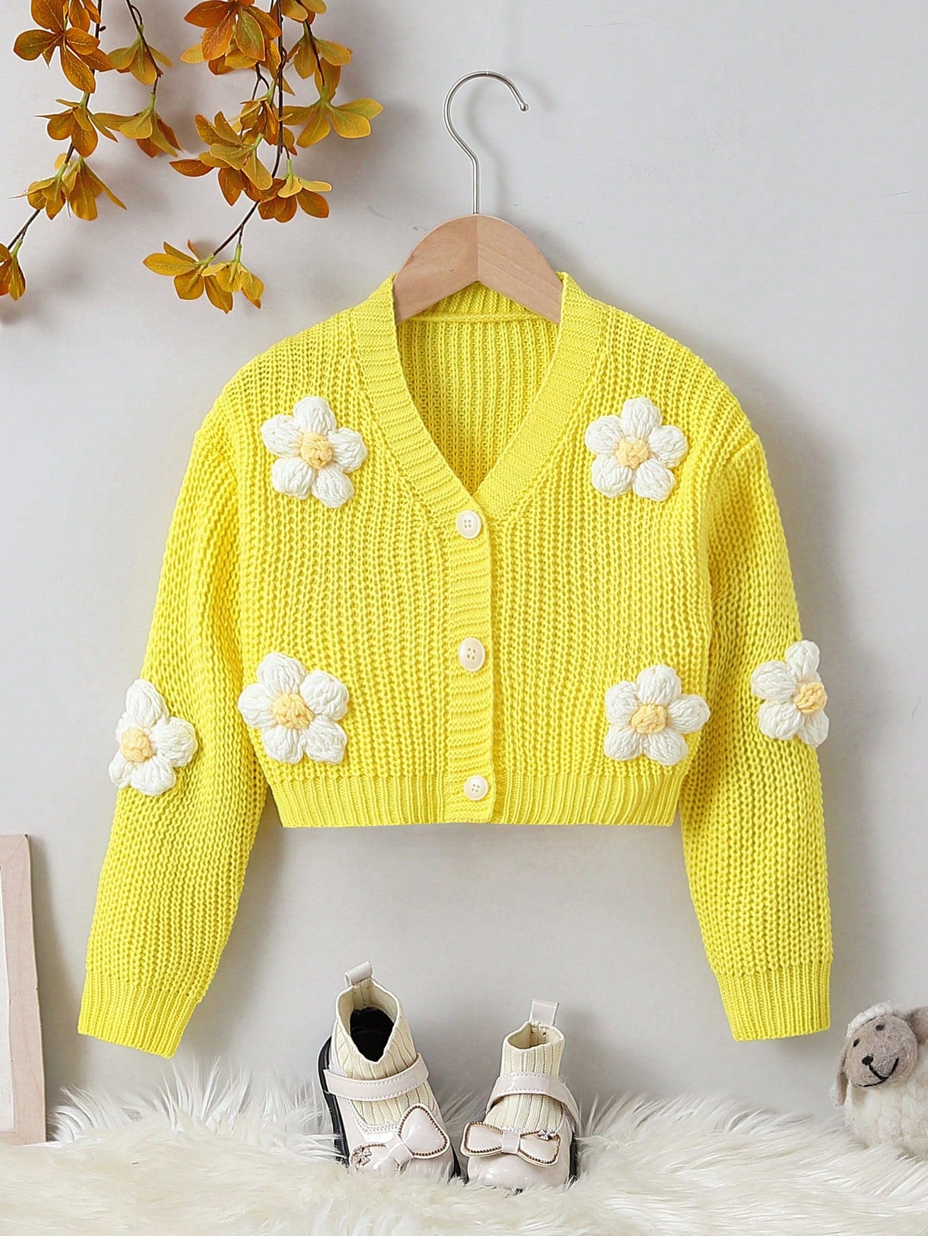 Young Girl 3D Flower Decorated Button Front V-Neck Cardigan