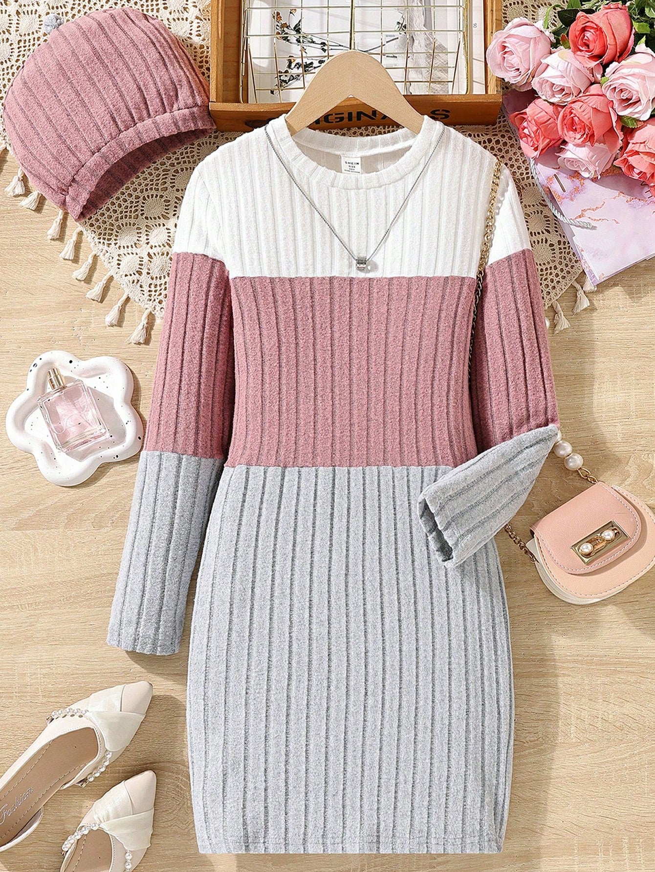 Tween Girl Color Block Ribbed Knit Dress & Hat