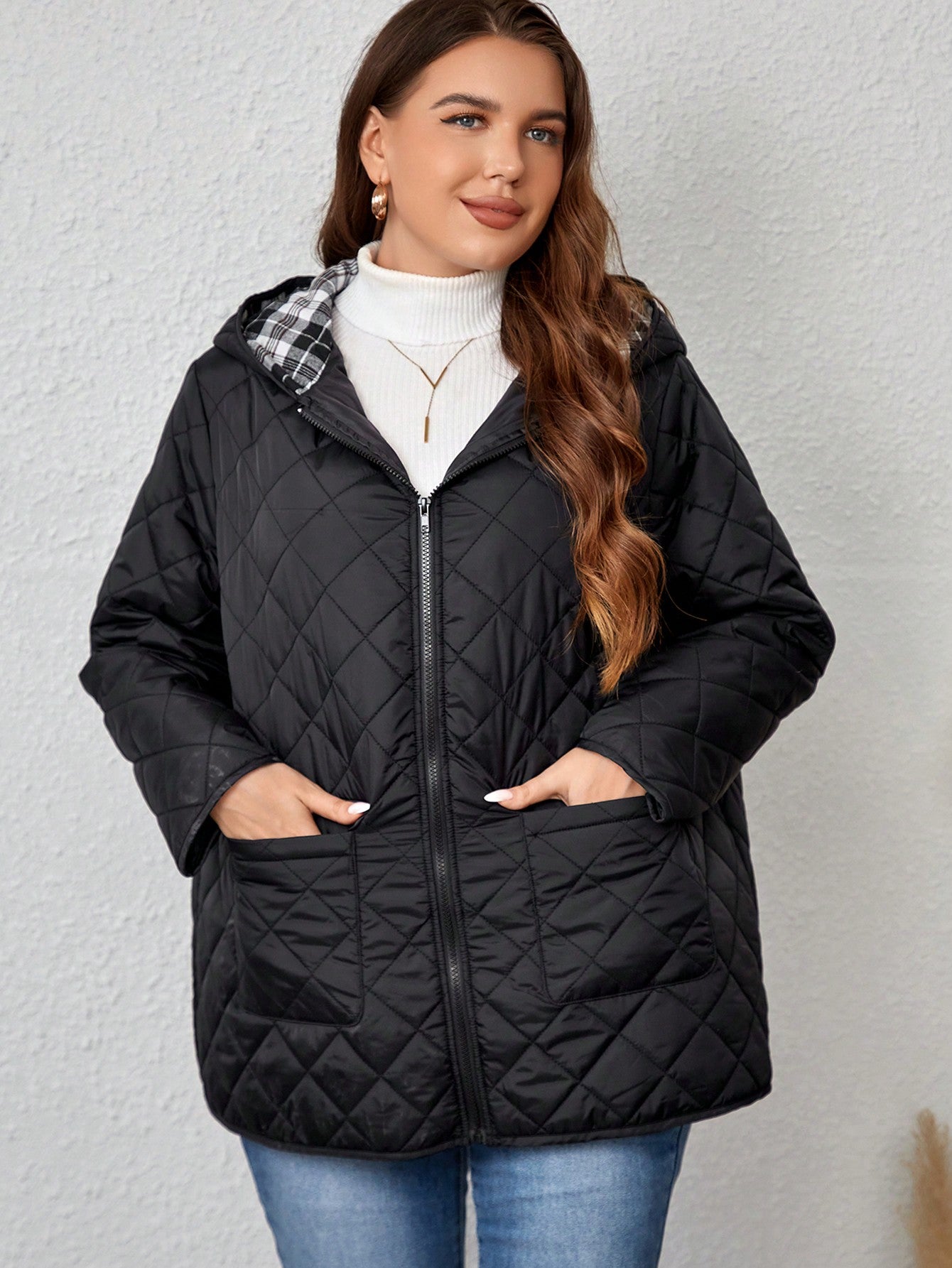 Plus Plaid Lined Hooded Quilted Coat