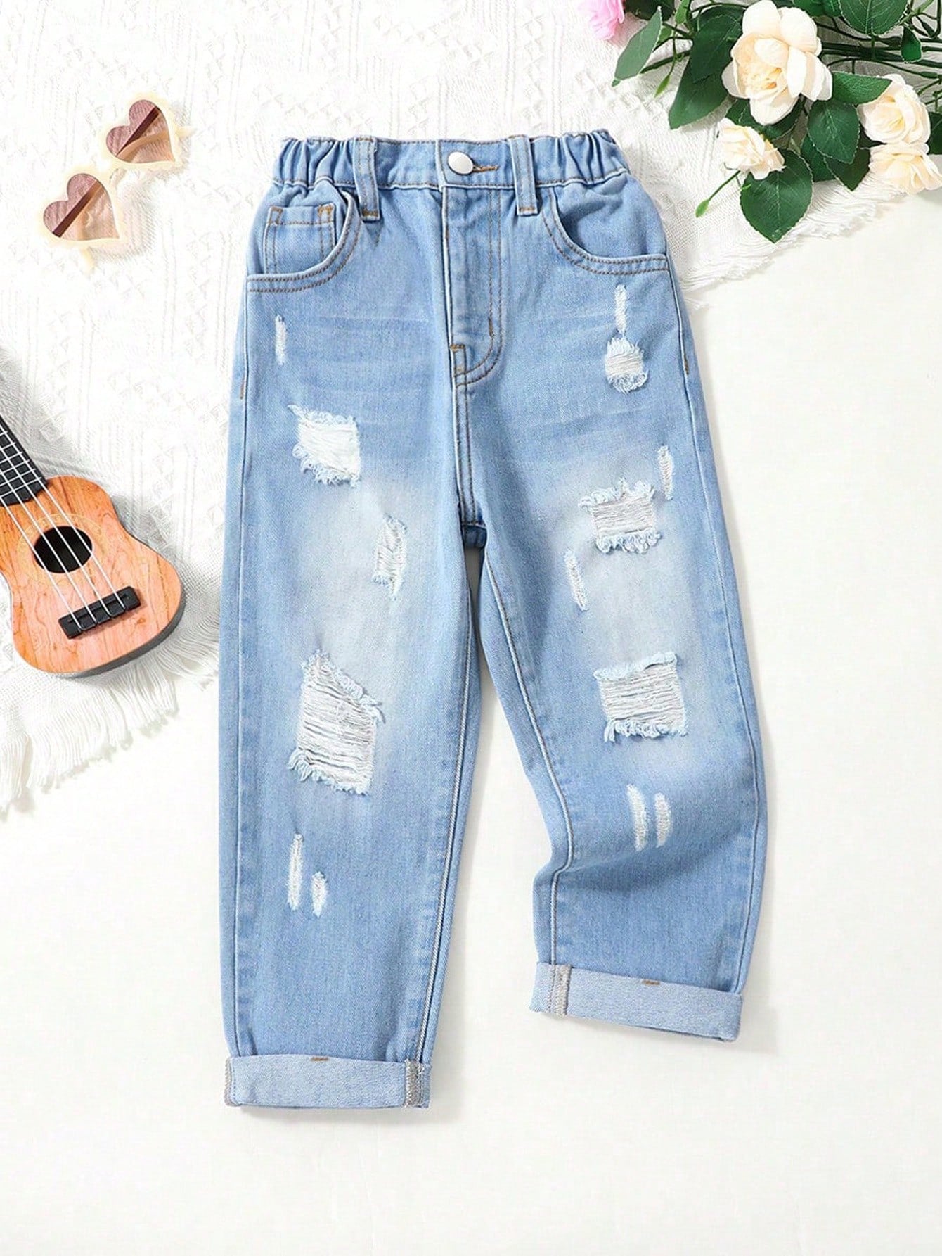 Kids Young Girl Daily Boho Casual Butterflies Print Ripped Roll Up Hem Elastic Waist Denim Shorts