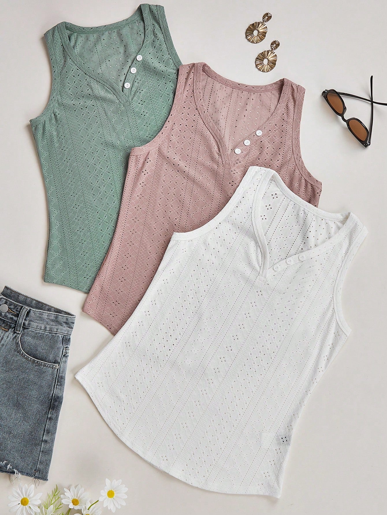 Solid Eyelet Embroidery Tank Top