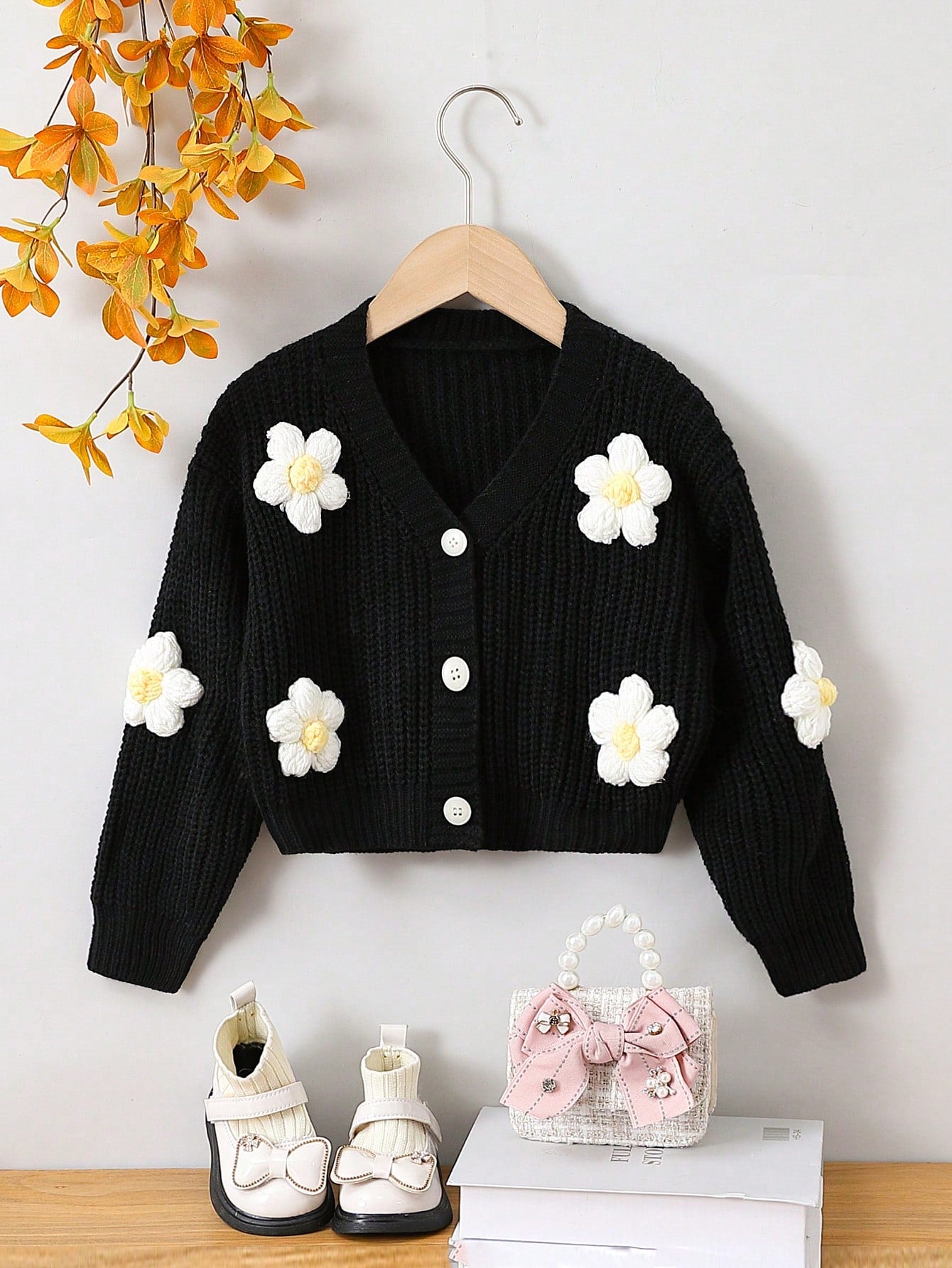 Young Girl 3D Flower Decorated Button Front V-Neck Cardigan