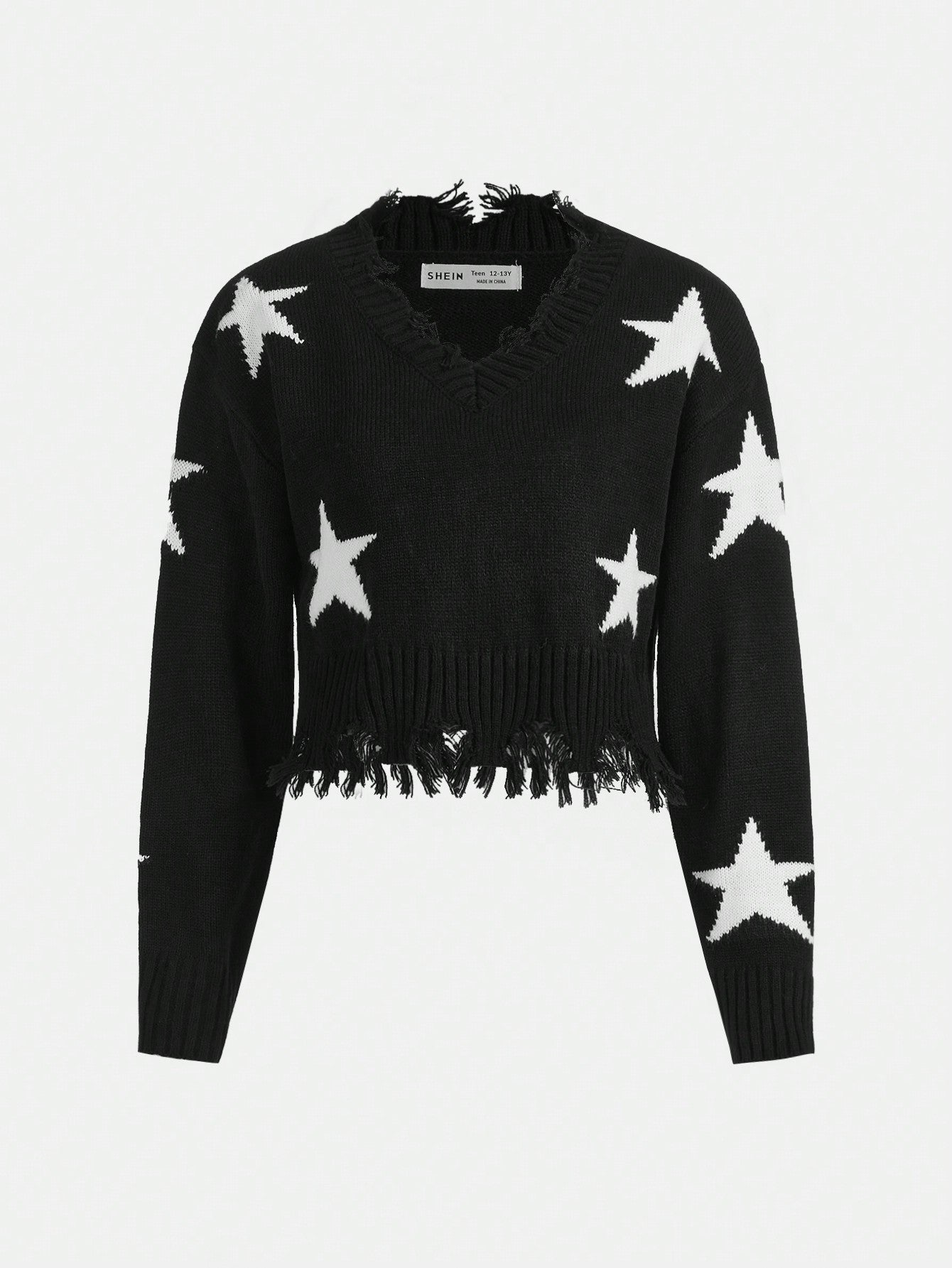 Teen Girl Long Sleeve V-neck Star Jacquard Pullover Sweater