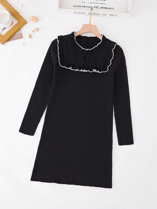 Tween Girl Ruffle Trim Keyhole Neck Sweater Dress