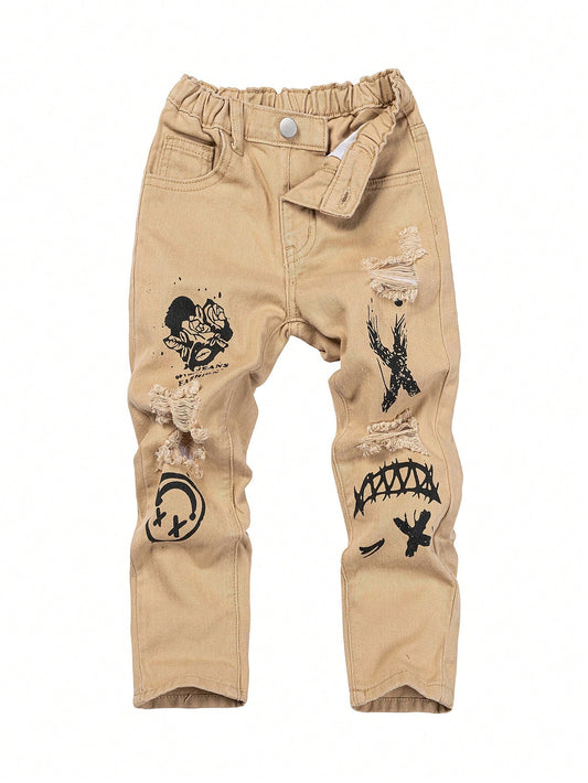 Young Boy Letter & Cartoon Graphic Ripped Jeans