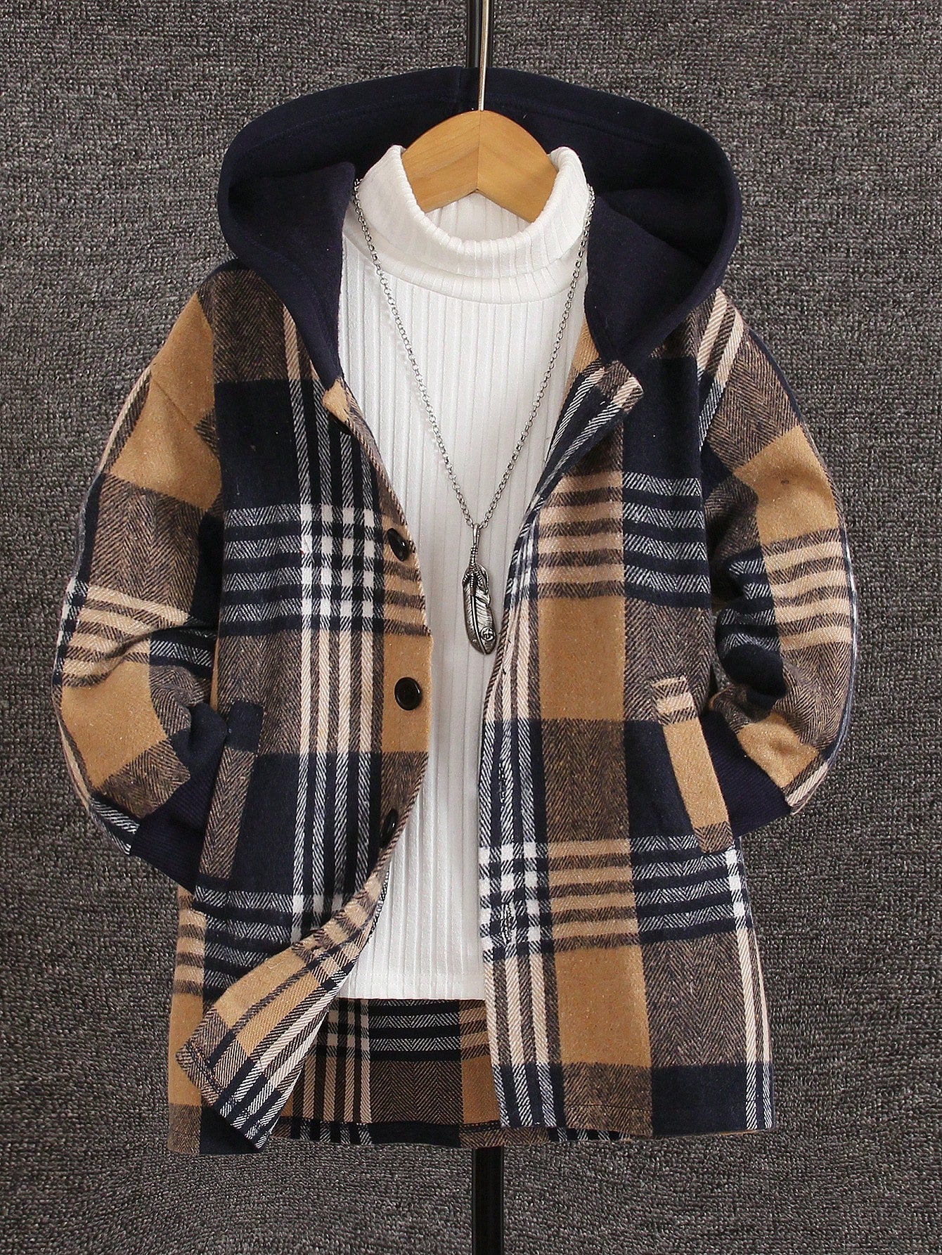 Young Boy Plaid Print Hooded Coat Without Sweater