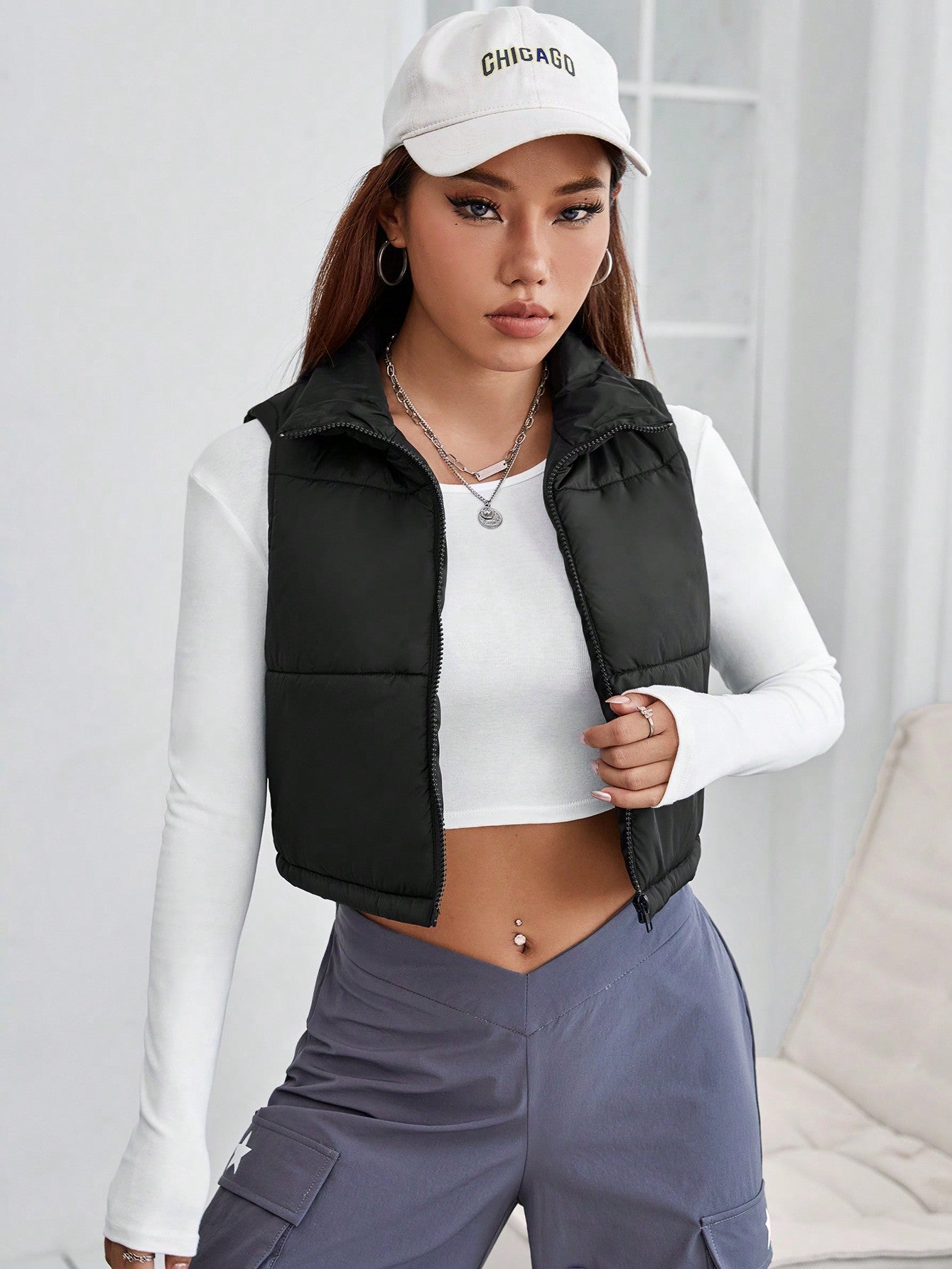 Zip Up Crop Vest Puffer Coat