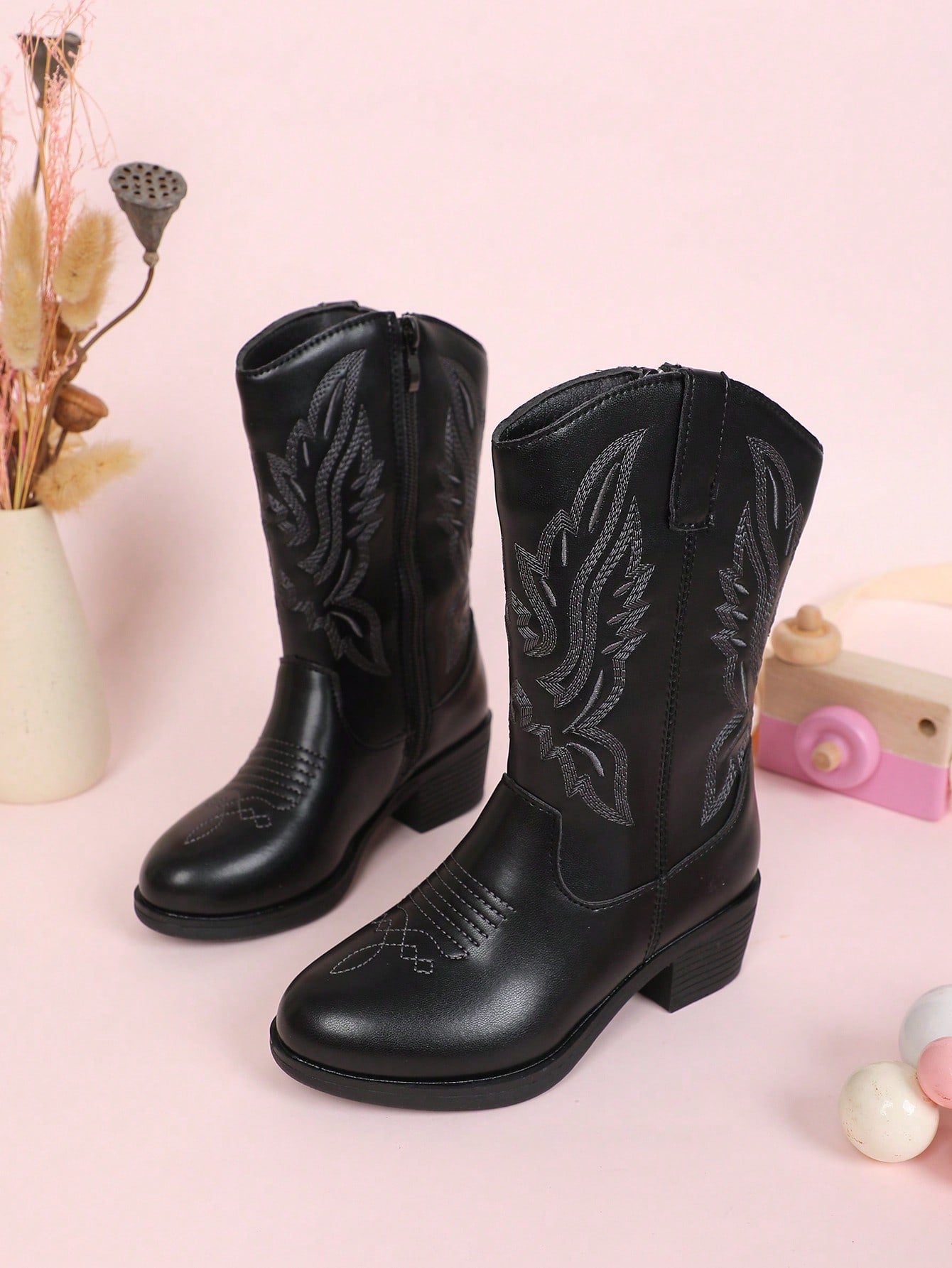 Childrens Boots Girls Shoes High Boots Mid-Calf Boots Embroidered High Heels Western Cowboy Boots Pointed Side Zipper