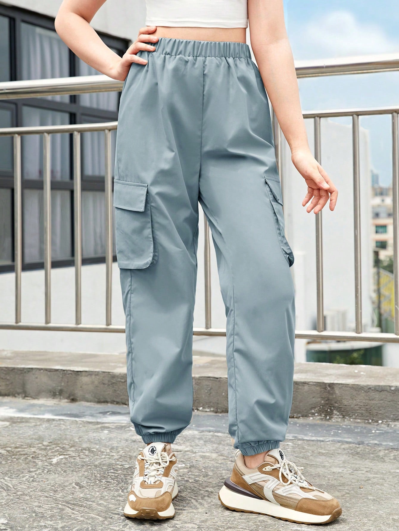 Teen Girl Casual Solid Color High Waisted Cargo Pants, Suitable For Spring, Summer And Autumn