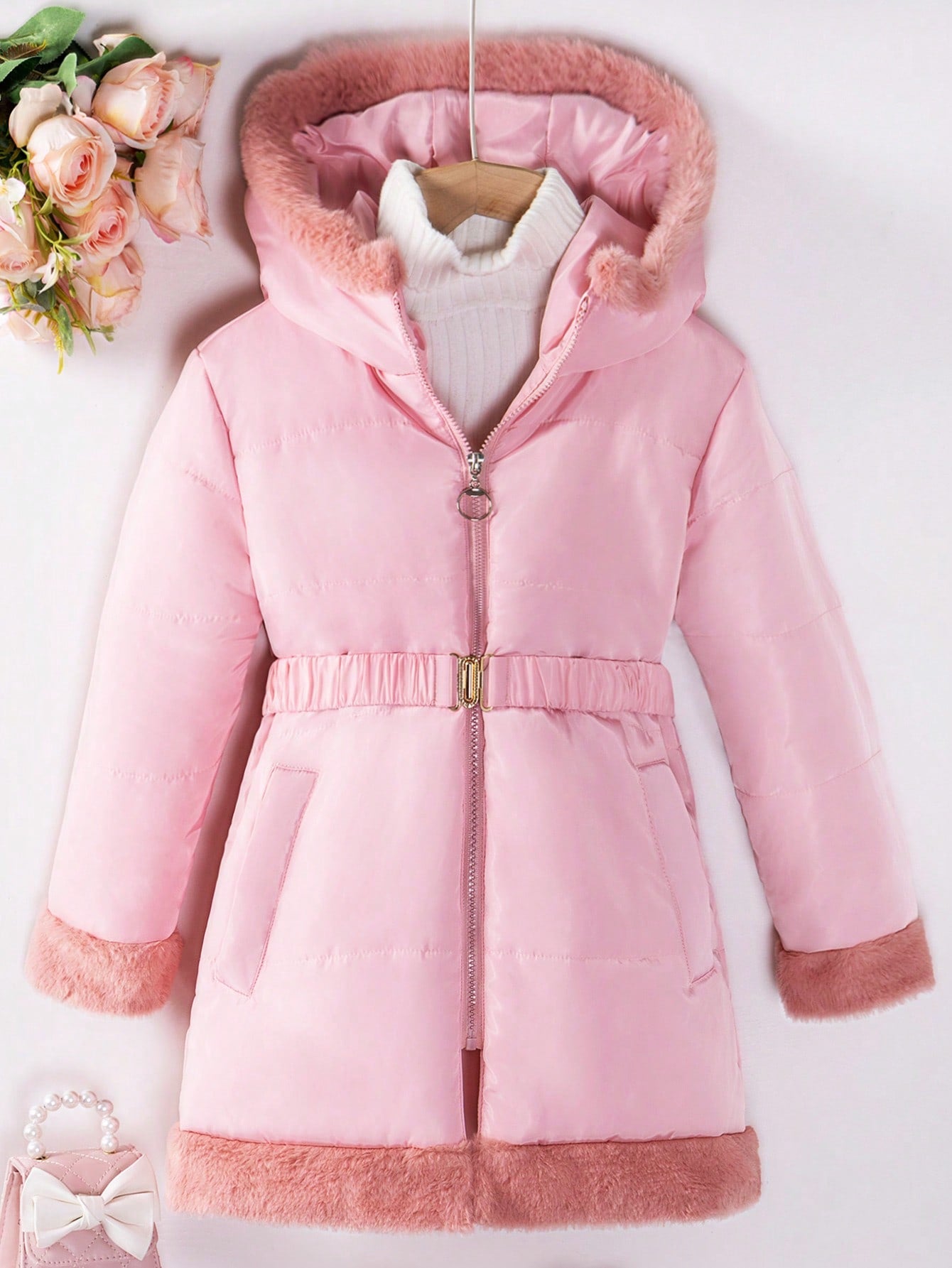 Tween Girl 1pc Fuzzy Trim Hooded Belted Puffer Coat