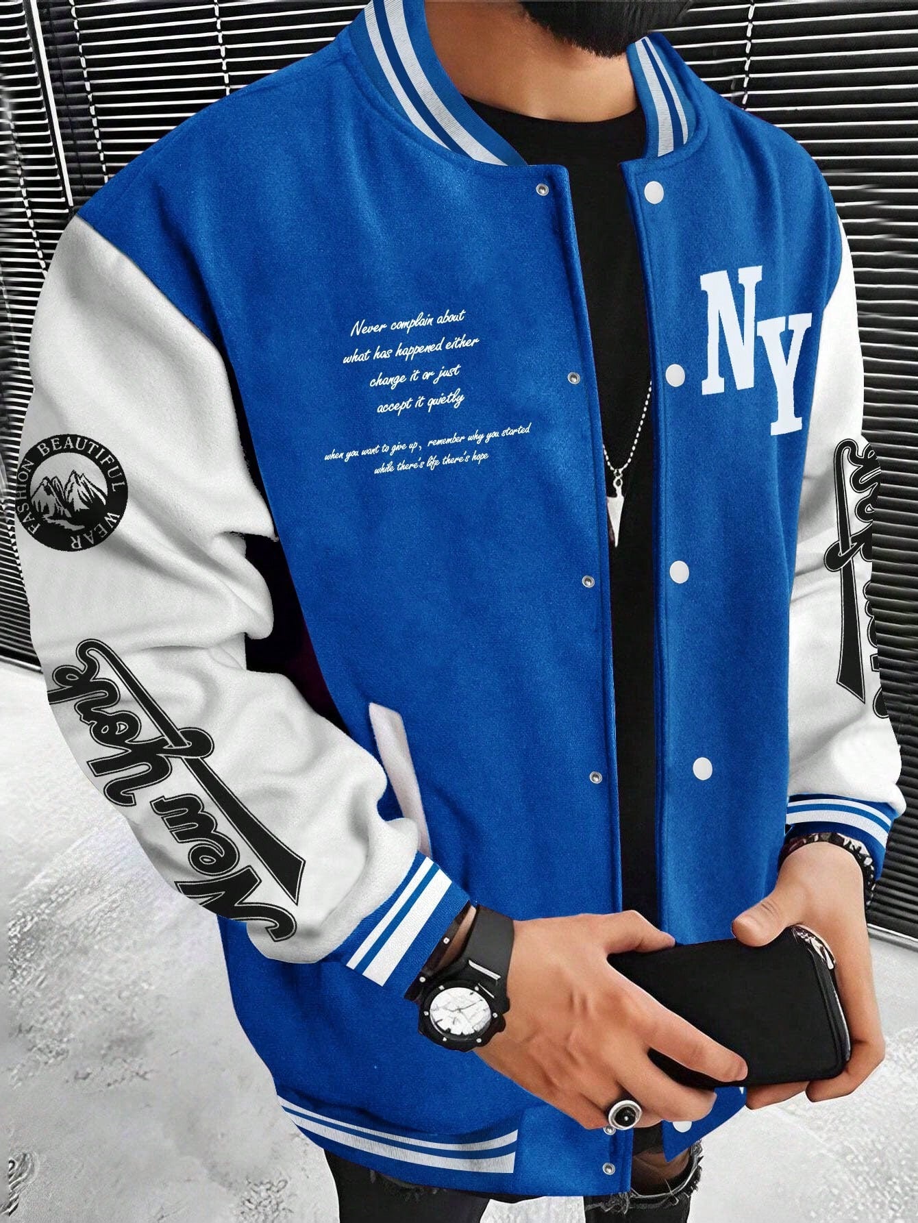 X Virginia & ZeFelipe Men Slogan Graphic Two Tone Varsity Jacket