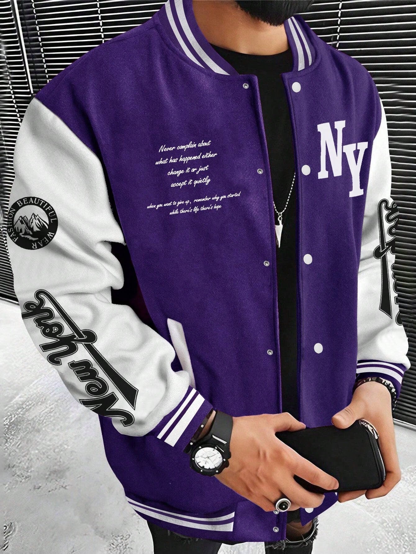 Men Slogan Graphic Two Tone Varsity Jacket