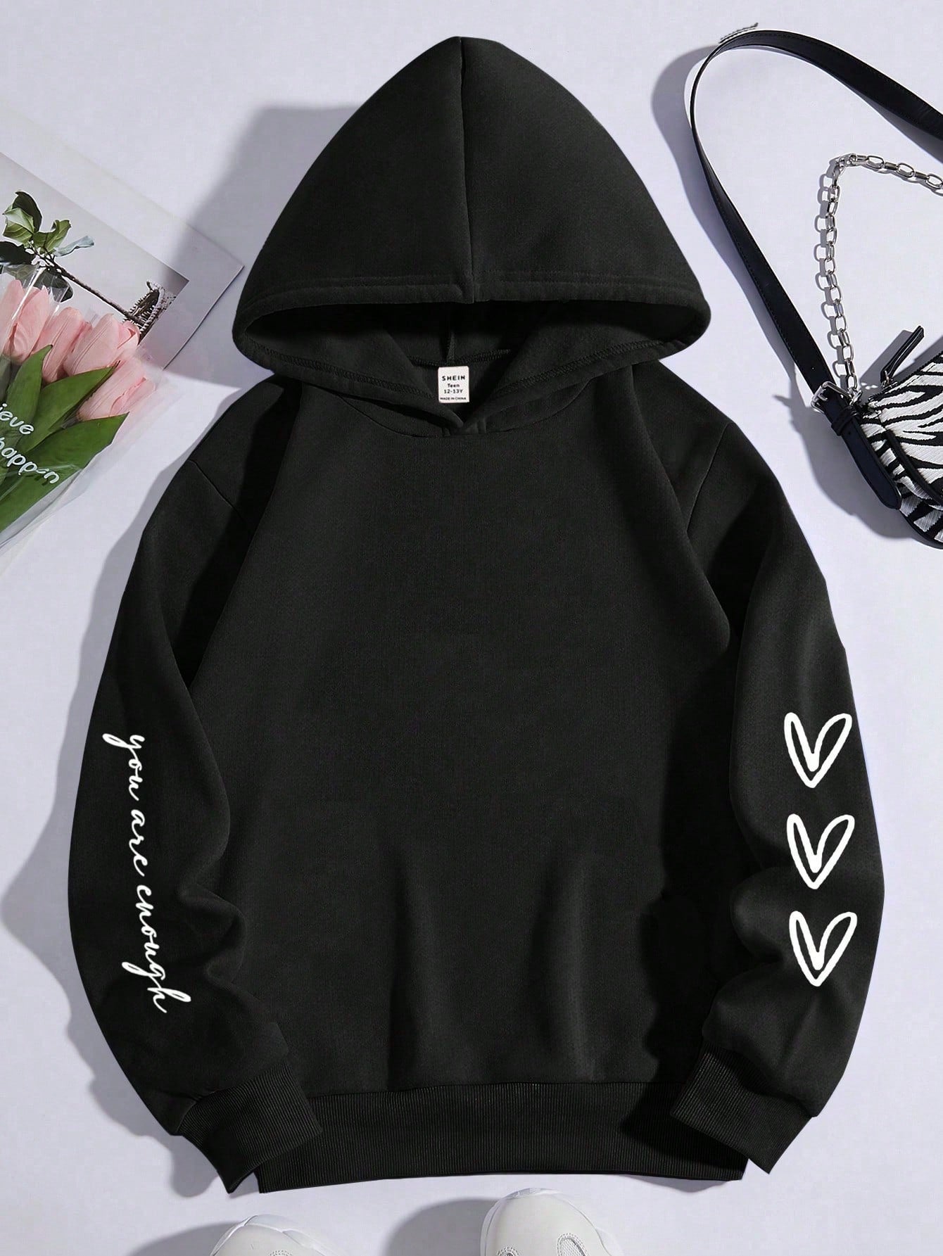 Teen Girl Heart & Slogan Graphic Hoodie