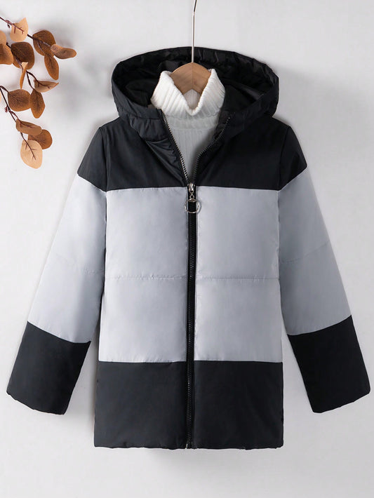 Tween Boy 1pc Color Block Hooded Puffer Coat