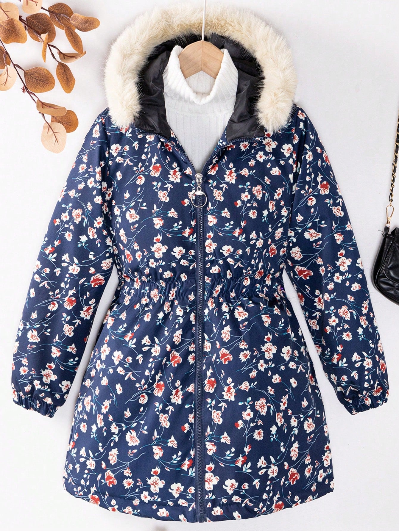 Tween Girl Allover Floral Print Fuzzy Trim Hooded Padded Coat