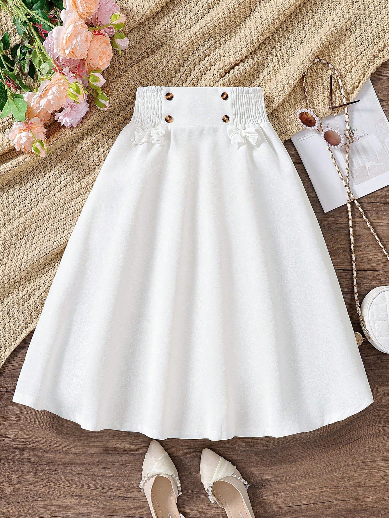 Tween Girl Bowknot A-Line Skirt, Sweet & Elegant, High Waist Design, Bow Decoration, Flared Hemline, Soft & Breathable