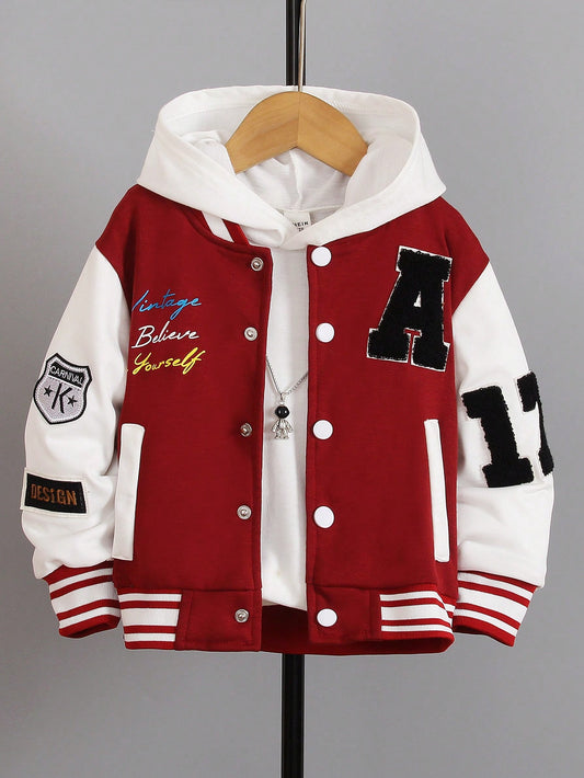 Young Boy Letter Patched Striped Trim Drop Shoulder Varsity Jacket Without Hoodie