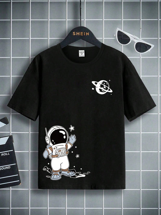 1pc Tween Boys' Astronaut Cartoon Printed Basic Short Sleeve Round Neck T-Shirt