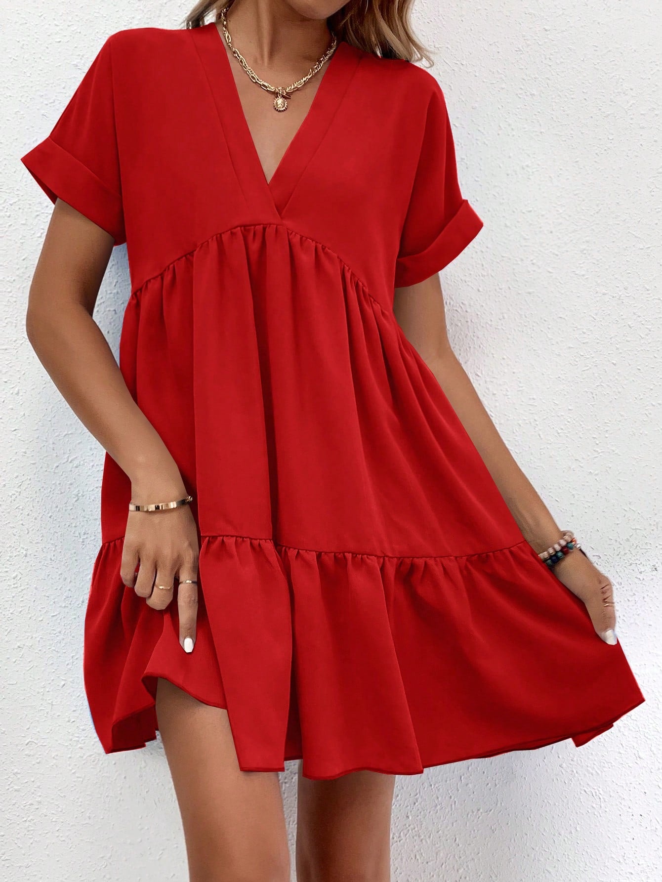 Solid Color Batwing Sleeve Layered Vacation Casual Dress