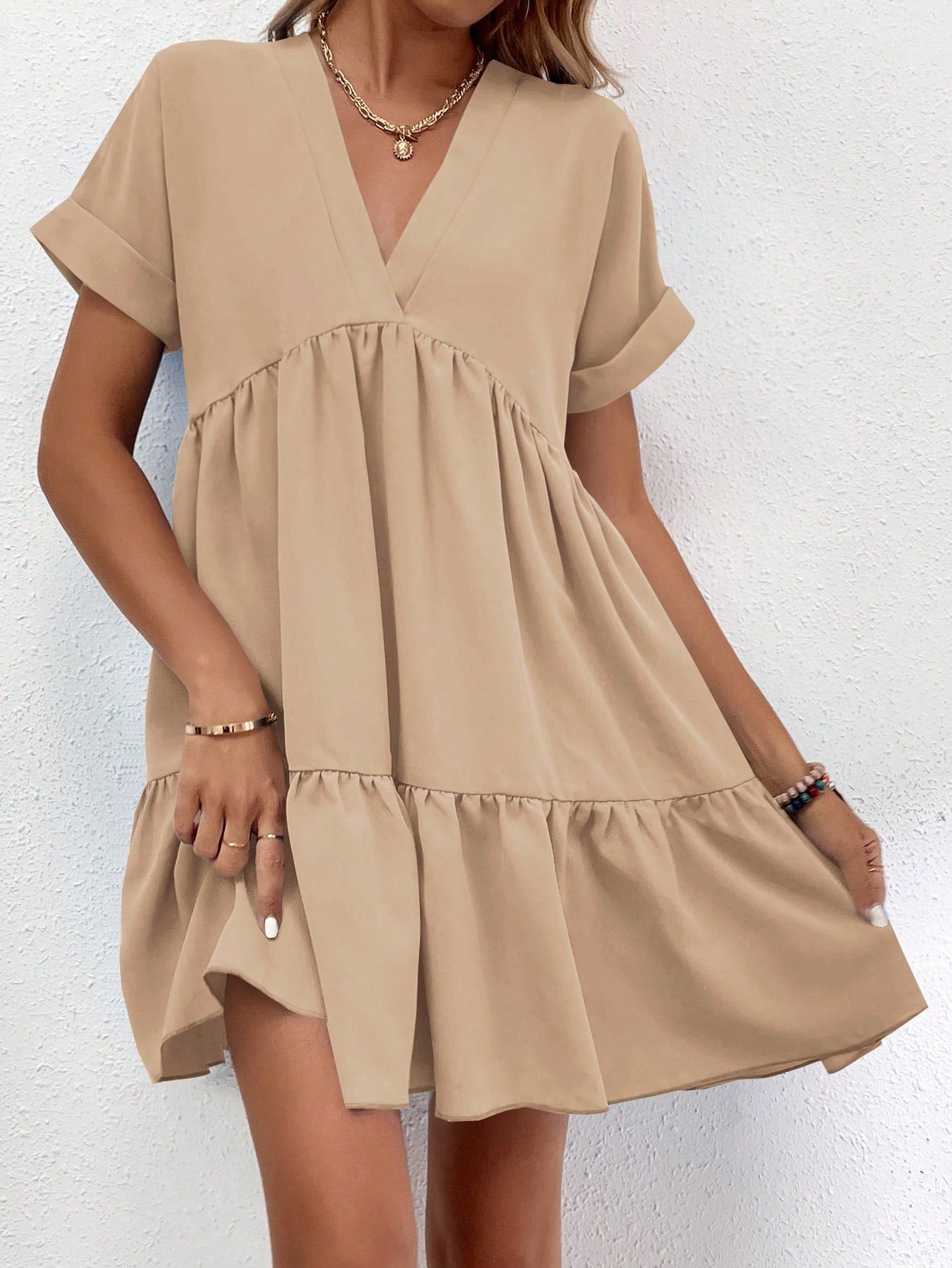 Solid Color Batwing Sleeve Layered Vacation Casual Dress