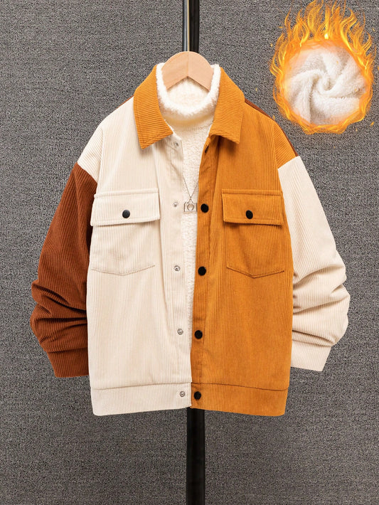 Tween Boy Colorblock Flap Pocket Thermal Lined Corduroy Coat Without Sweater