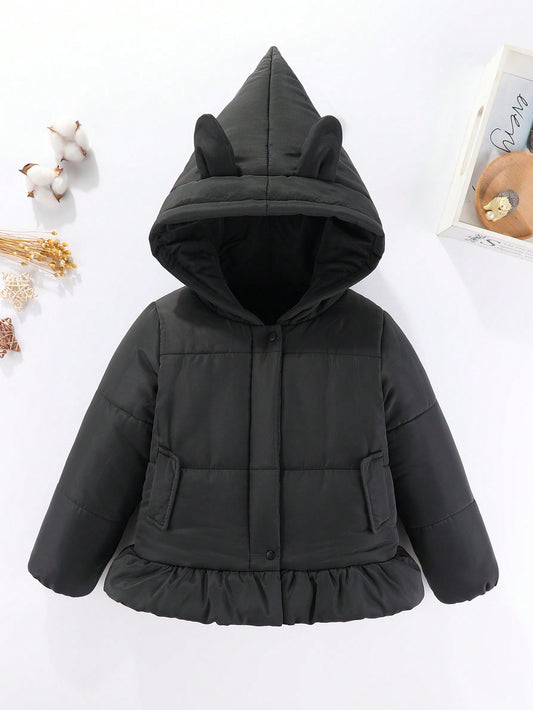 Young Girl 3D Ears Design Hooded Ruffle Hem Zipper Puffer Coat