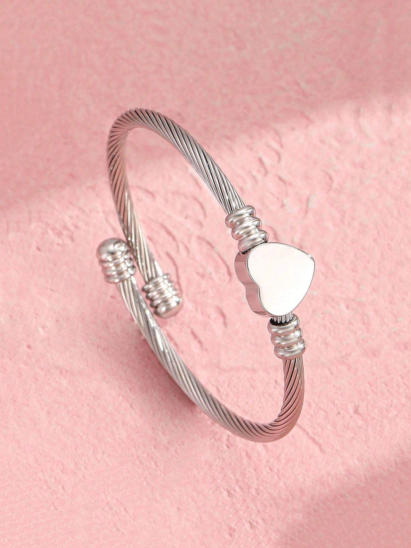 1 Pc Kids Simple Fashion Heart Decor Stainless Steel Silver Bangle For Girls Trendy Street Jewelry For Daily Decor Bracelet