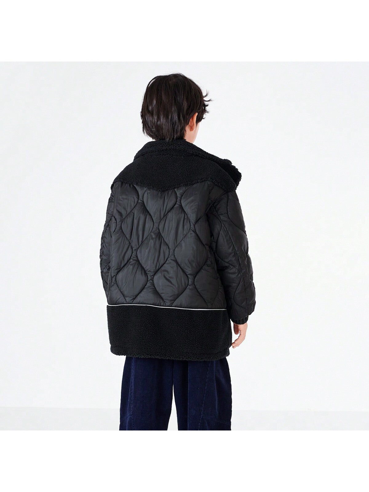 Tween Boy Patchwork Fabric Zipper Thermal Windproof Quilted Coat