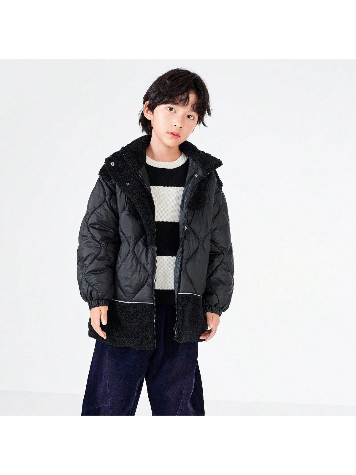 Tween Boy Patchwork Fabric Zipper Thermal Windproof Quilted Coat