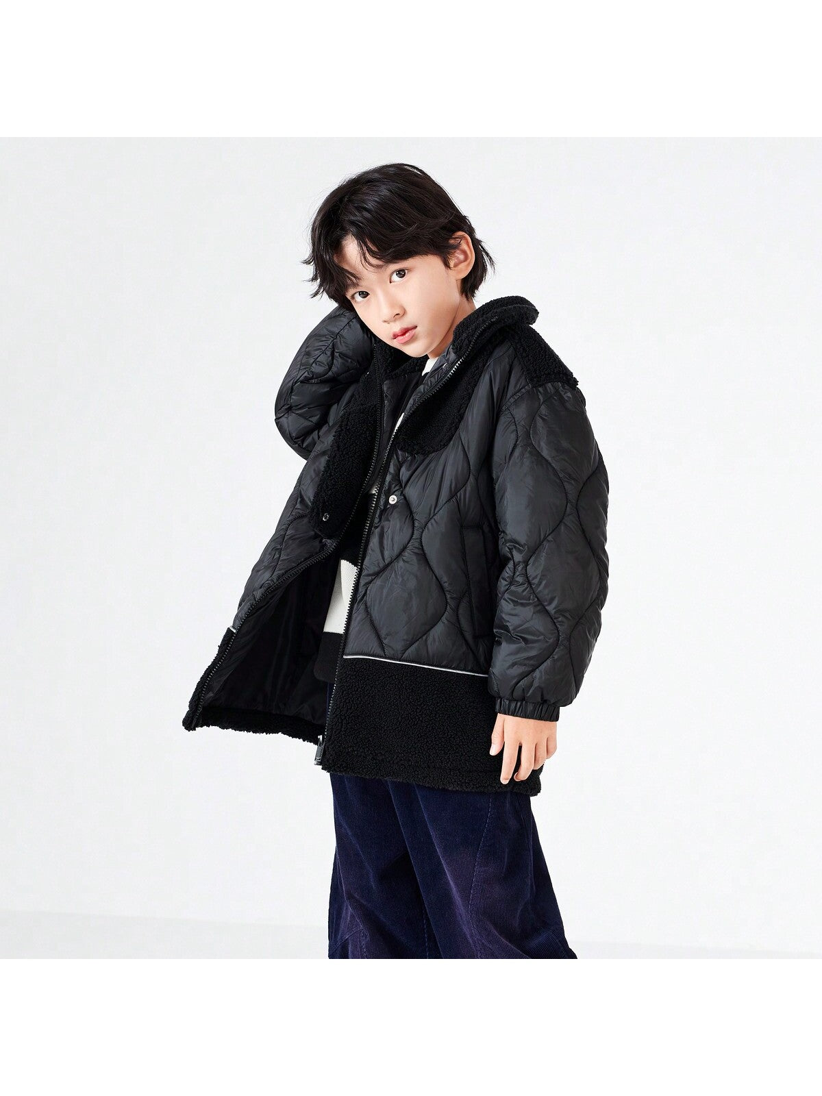 Tween Boy Patchwork Fabric Zipper Thermal Windproof Quilted Coat