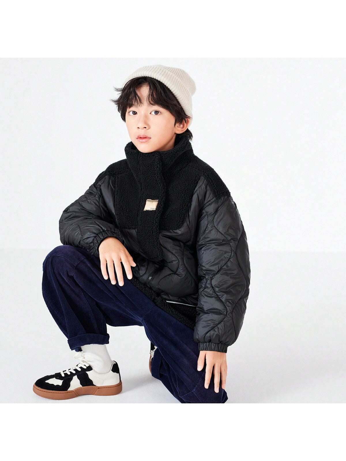 Tween Boy Patchwork Fabric Zipper Thermal Windproof Quilted Coat