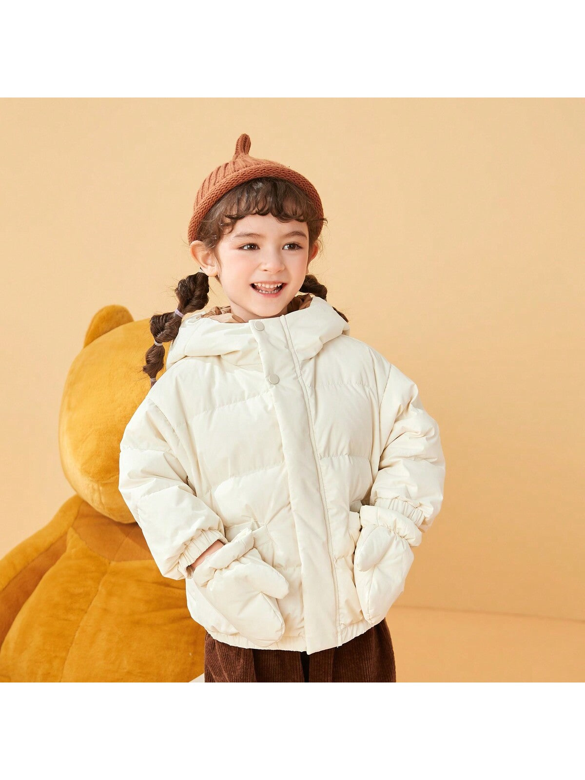 Young Girl Winter Cute Pocket Loose Hooded Kids Down Jacket With Detachable Warm Gloves White