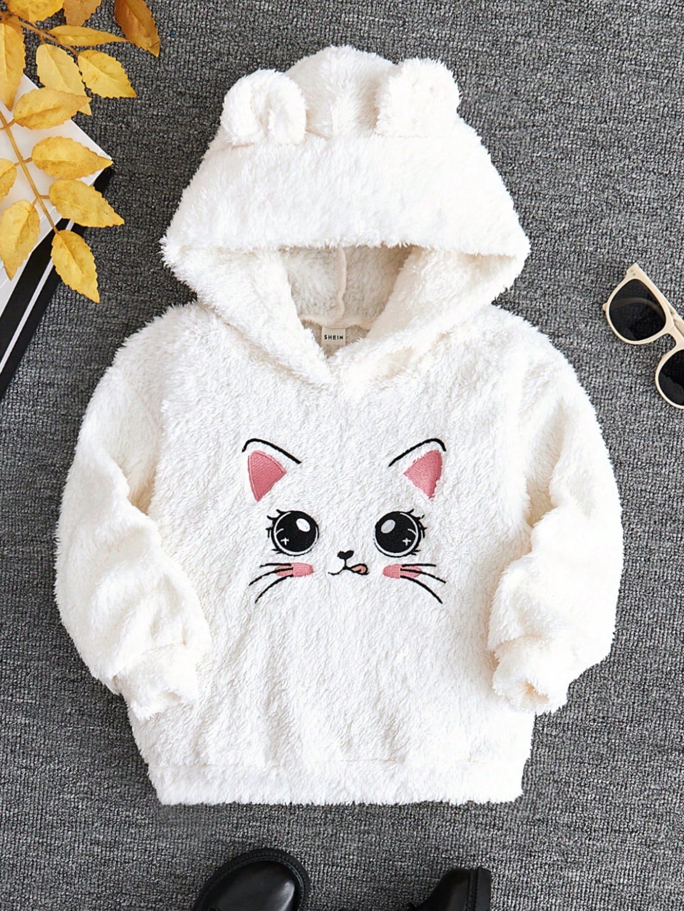 Young Girl Cartoon Embroidery 3D Ears Design Fuzzy Hoodie