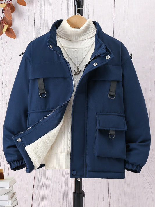 Tween Boy 1pc Flap Pocket Teddy Lined Zipper Front Winter Coat