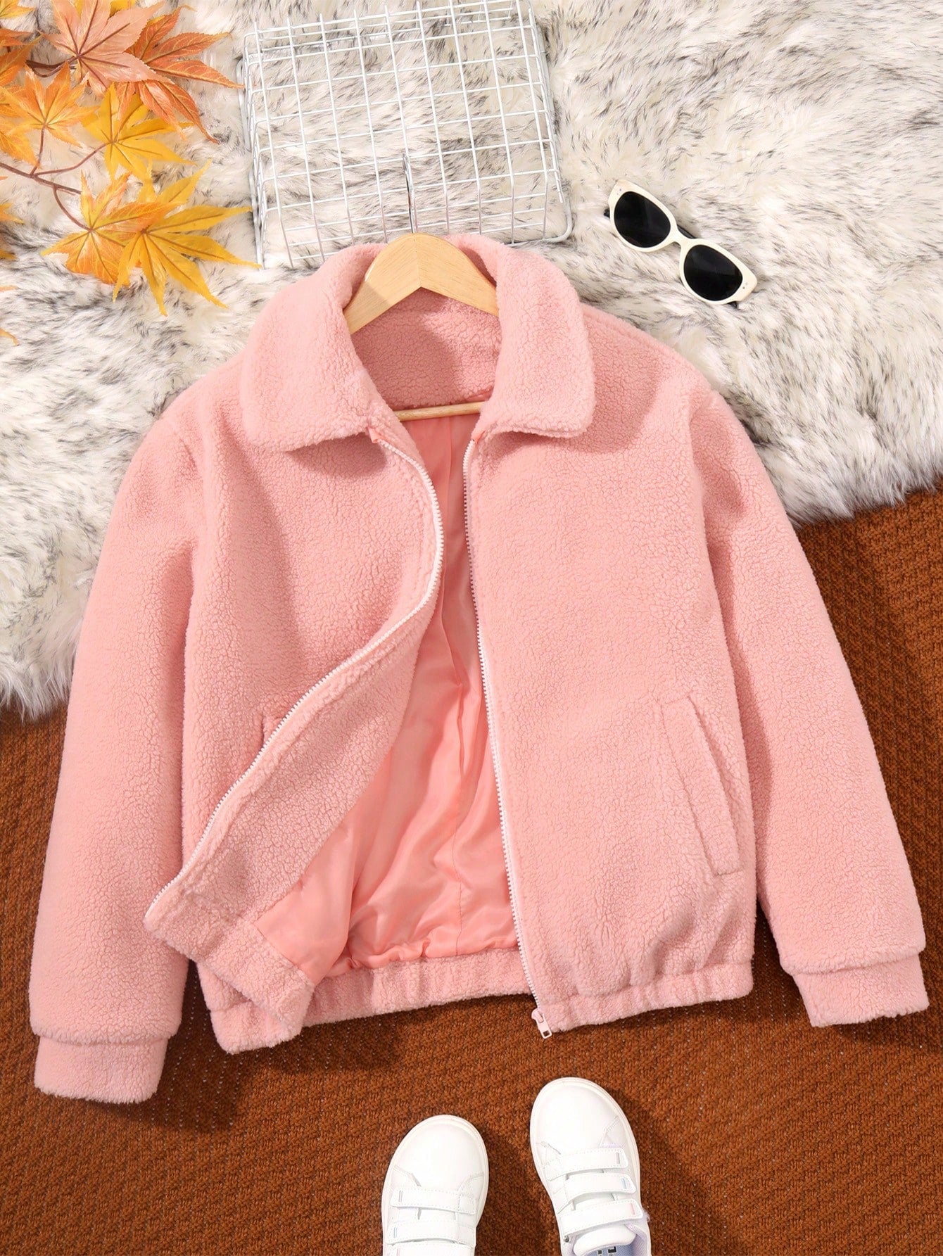 Teen Girl Zip Up Slant Pocket Teddy Lined Jacket