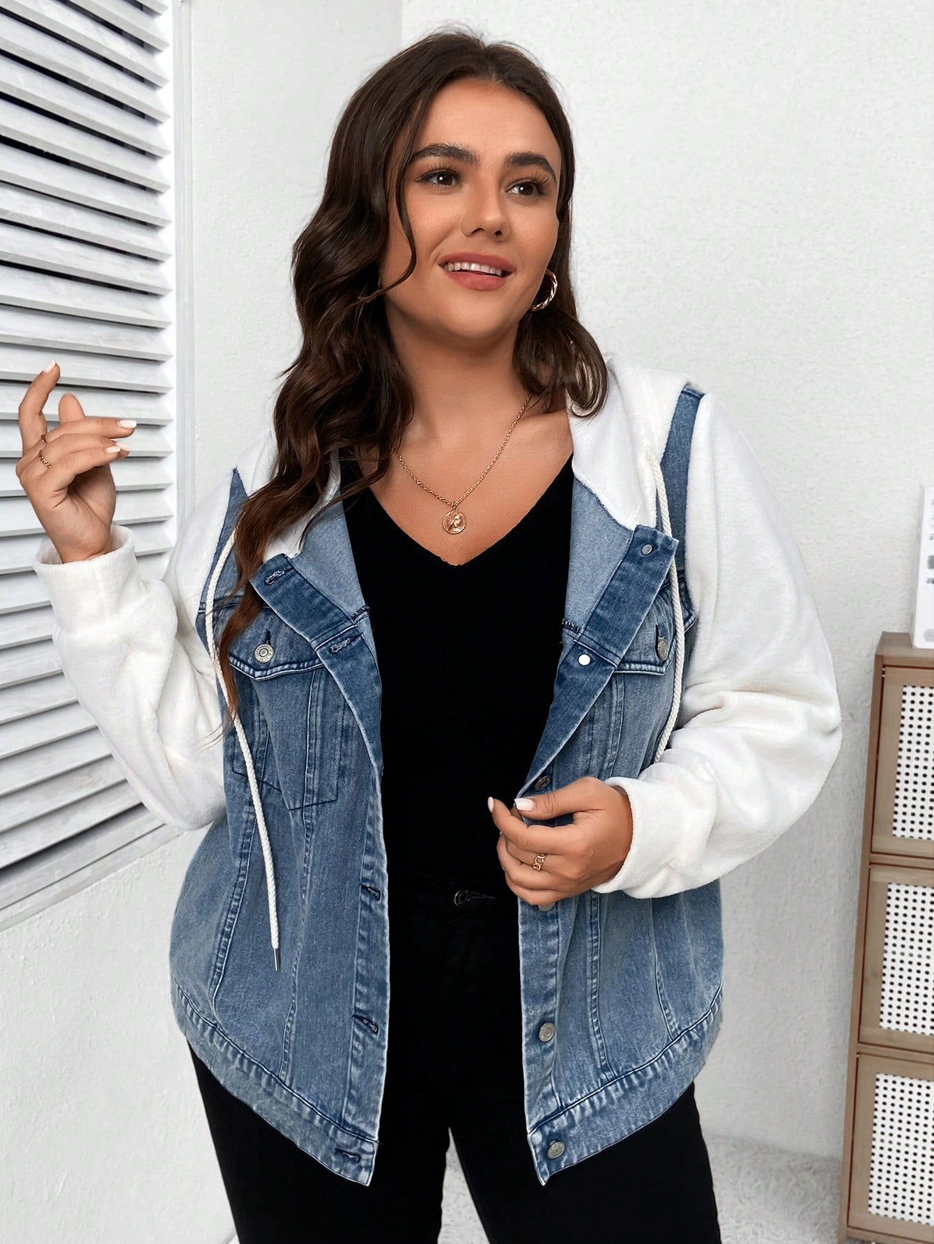 Plus Size Two Tone Denim Jacket With Hood