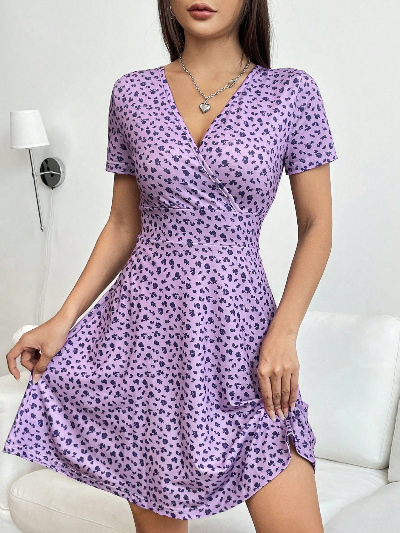 Women Spring/Summer Elegant Wrap Heart Polka Dot Print V-Neck Short Sleeve Dress