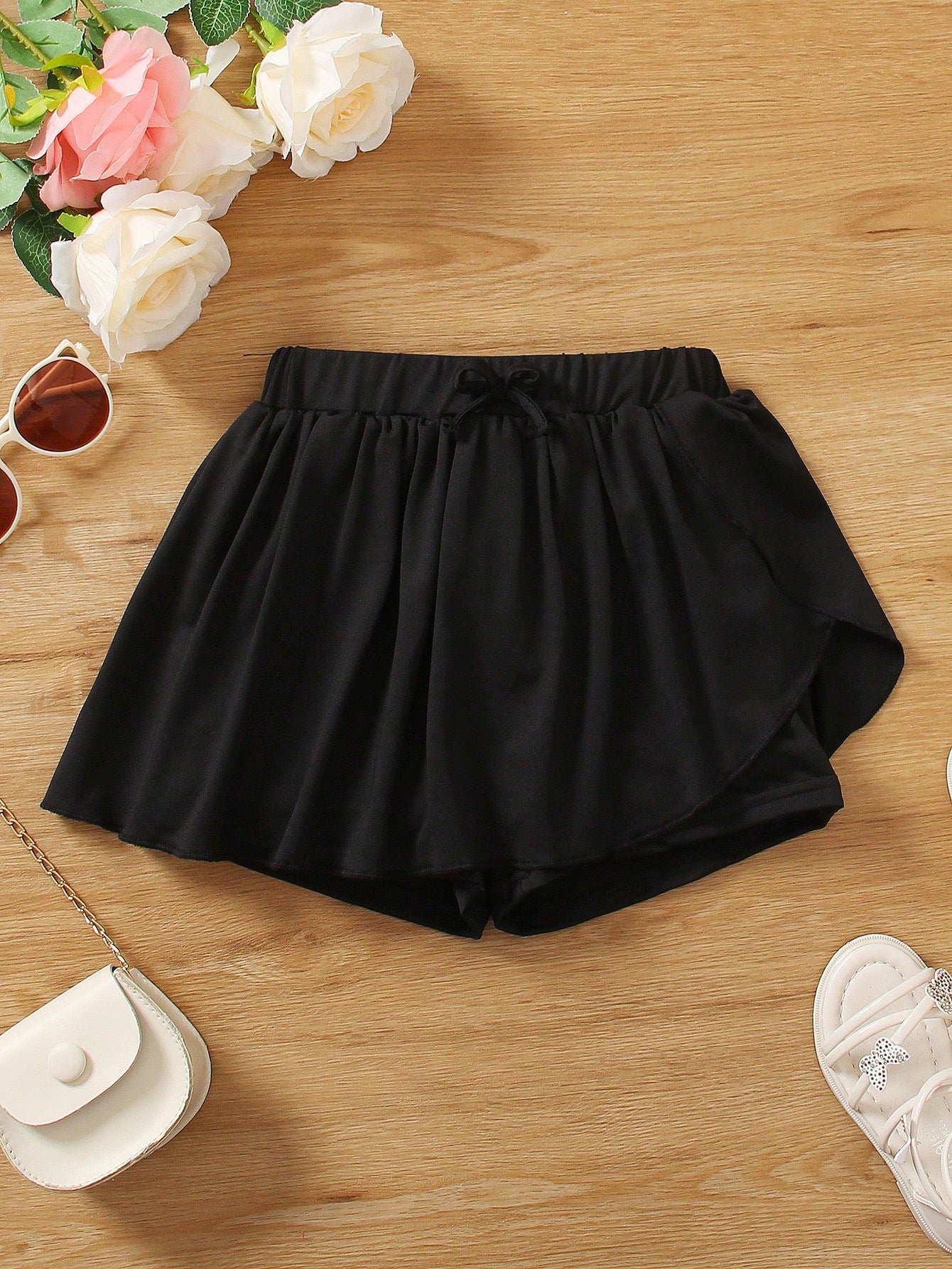 Young Girls' Solid Color Pleated Skirt With Waist Bow Decoration