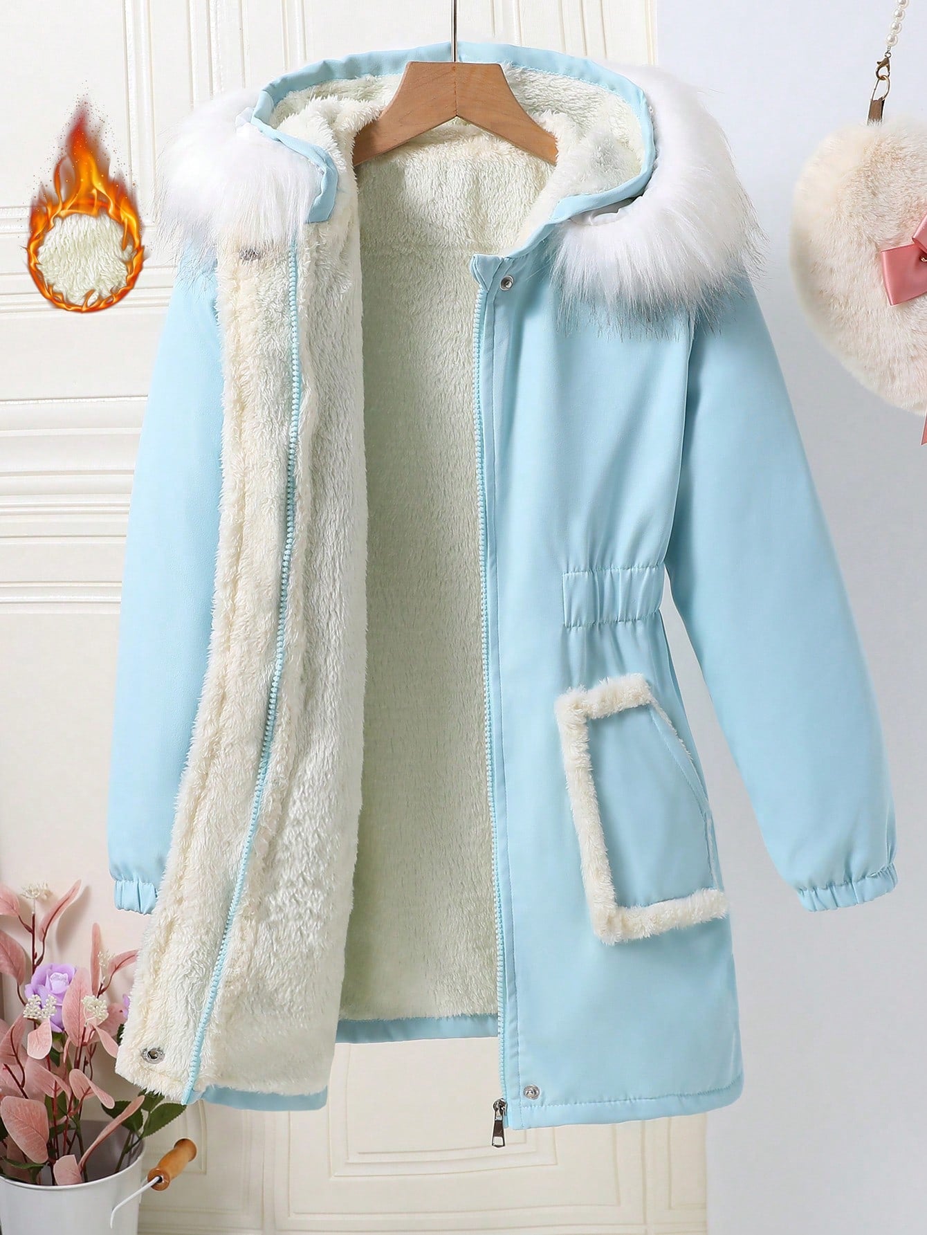 Tween Girl Drawstring Waist Fuzzy Trim Hooded Thermal Lined Coat