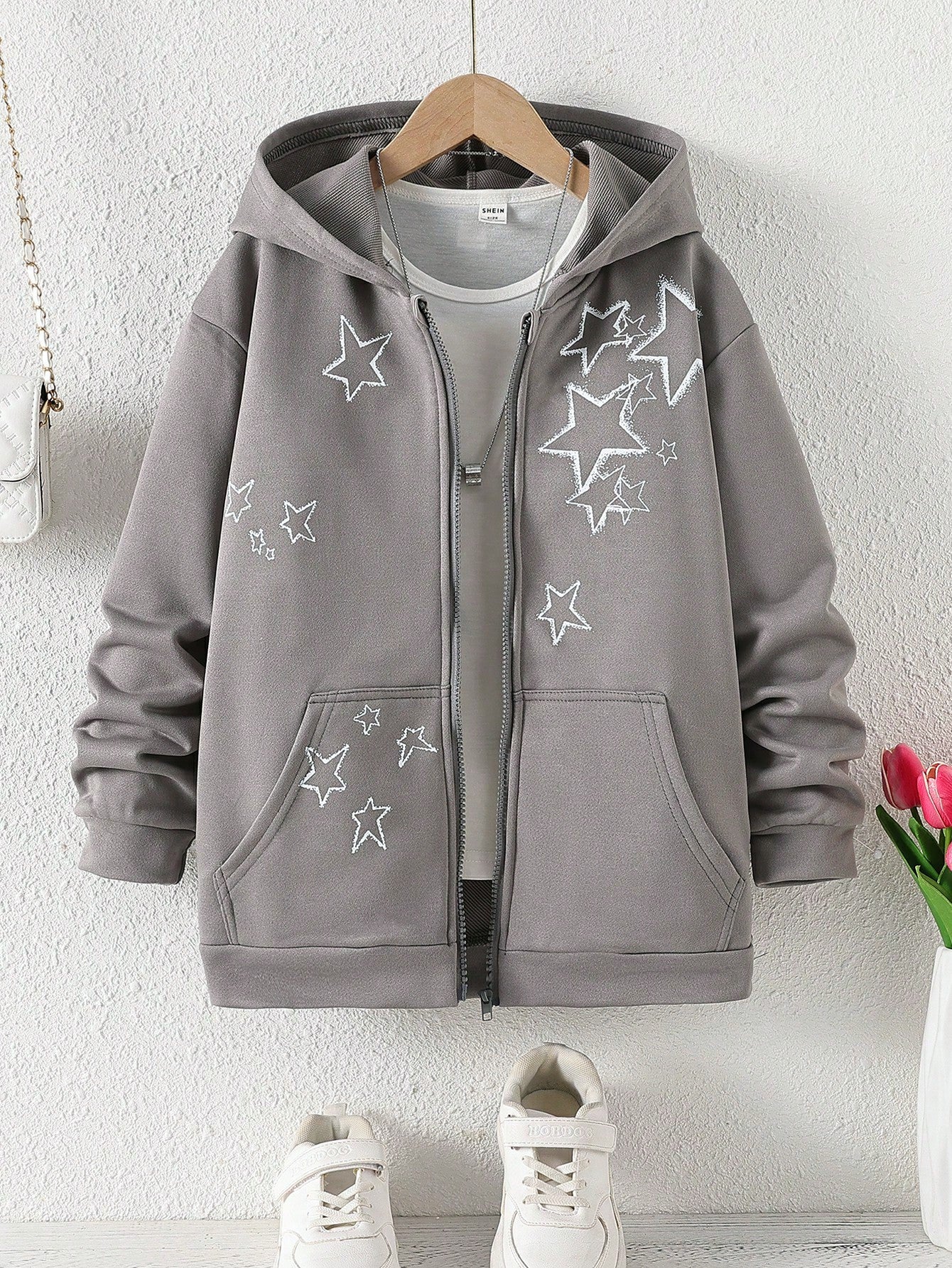 Tween Girl Star Print Zip Up Hoodie Without Tee