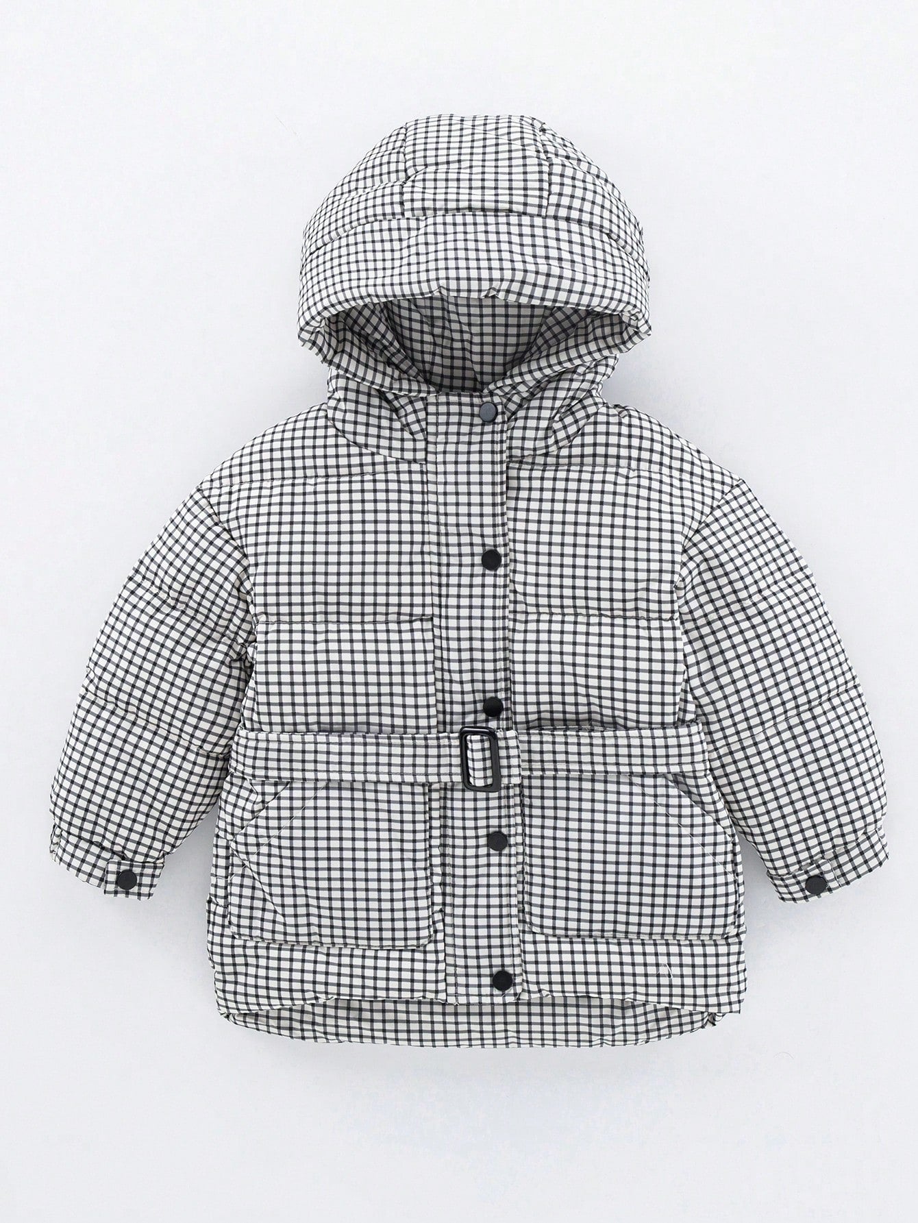 Young Girl Plaid Print Hooded Belted Puffer Coat