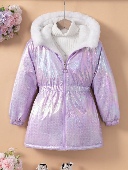 Tween Girl 1pc Fuzzy Trim Hooded Holographic Zipper Fleece Lined Padded Coat