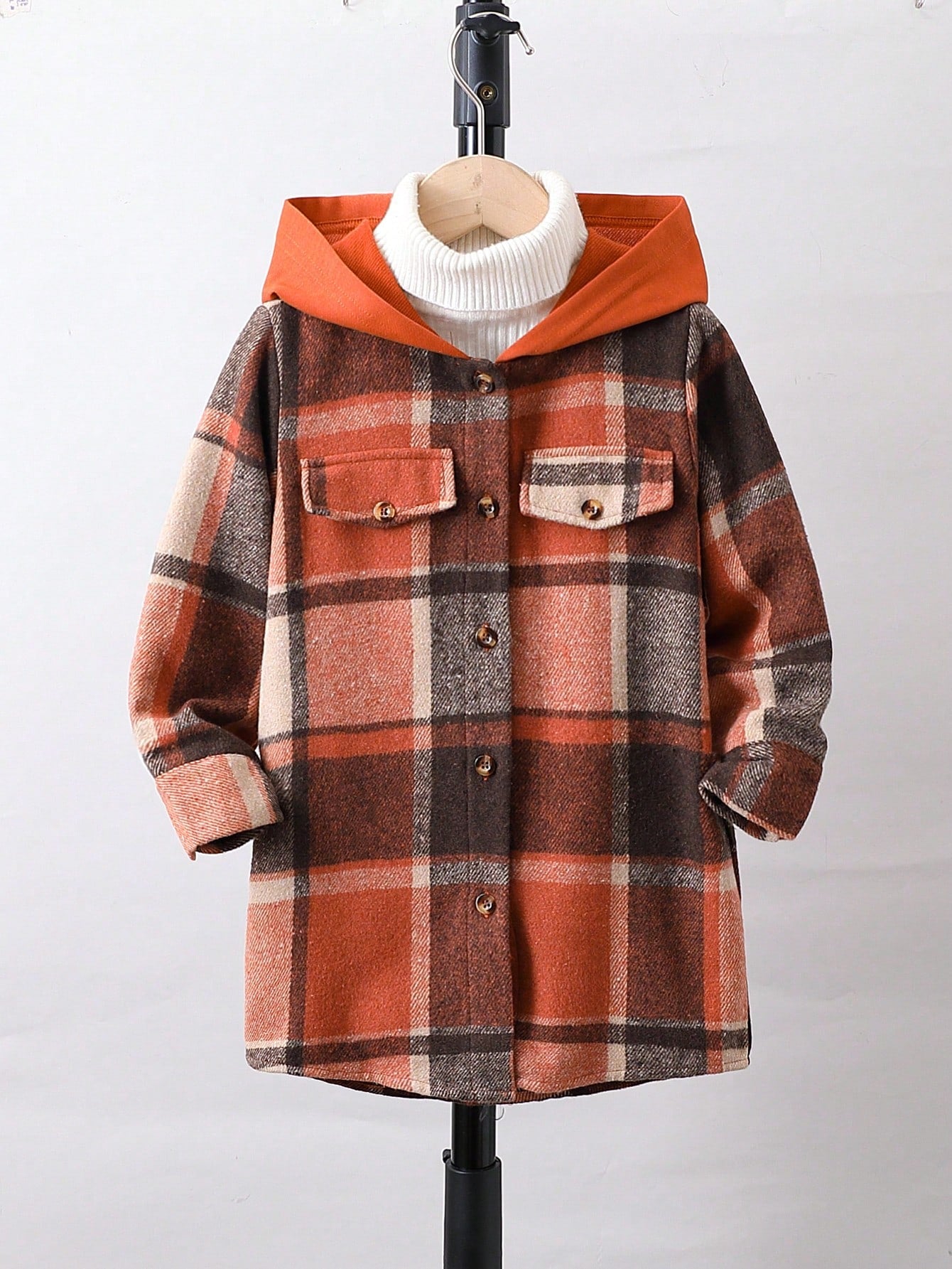 Young Boy Plaid Print Hooded Coat Without Sweater