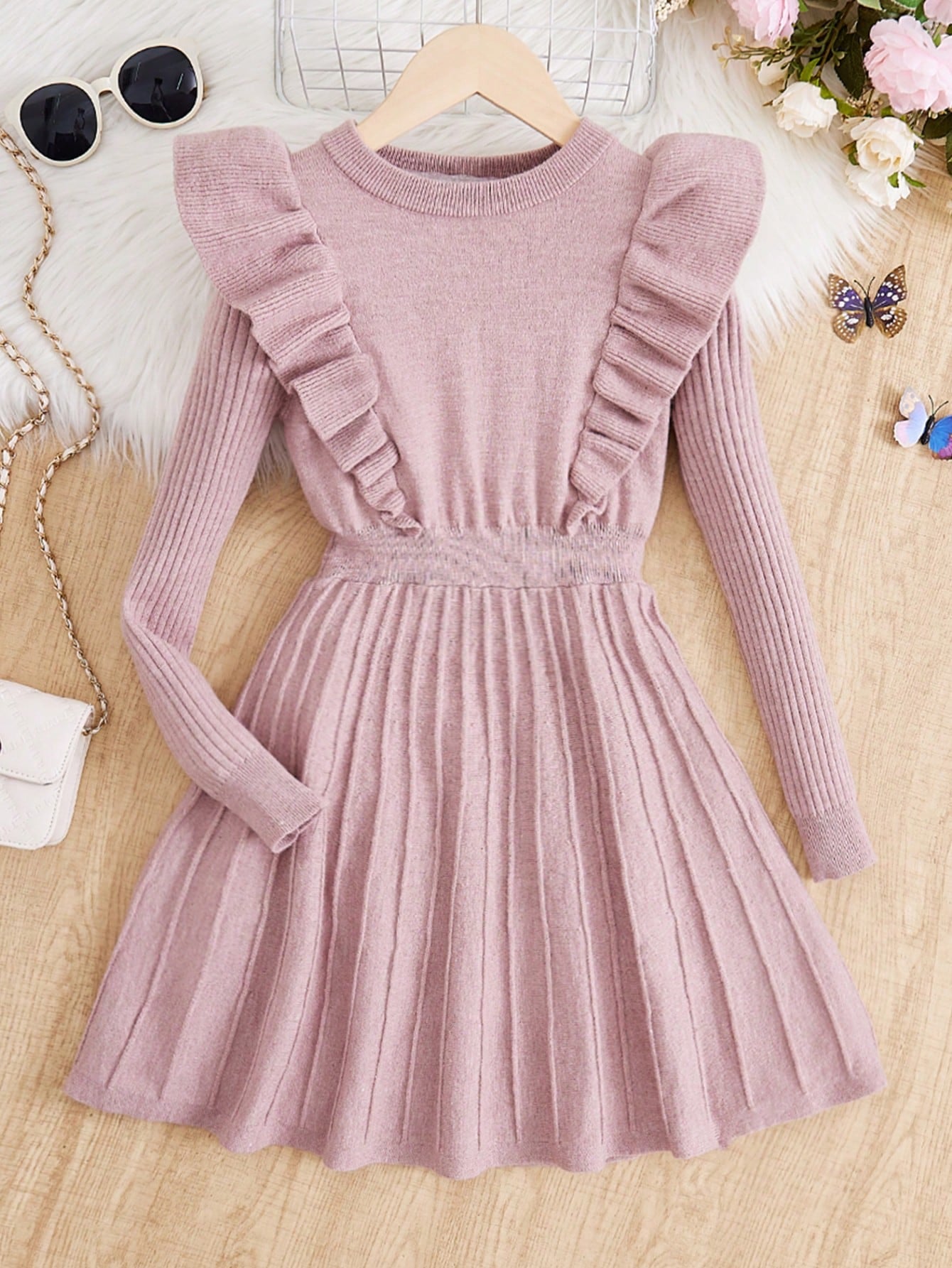 Tween Girl Ruffle Trim Pleated Hem Sweater Dress