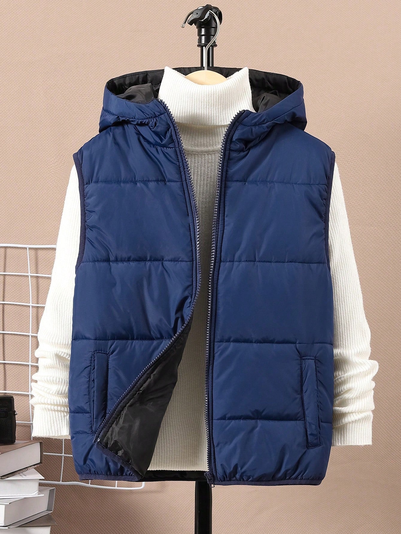 Tween Boy 1pc Zipper Hooded Vest Puffer Coat