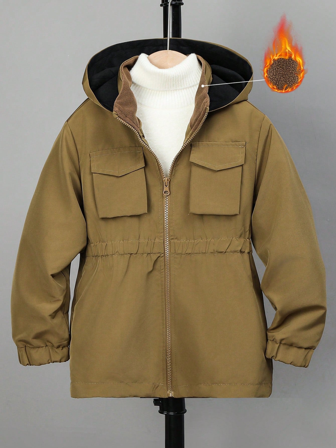 Tween Boy 1pc Flap Pocket Zipper Hooded Thermal Lined Coat