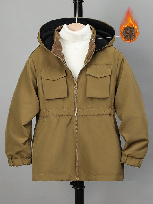 Tween Boy 1pc Flap Pocket Zipper Hooded Thermal Lined Coat